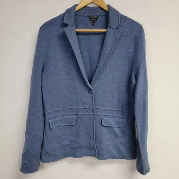 Talbots Womens Blue Pure Merino Wool Knit Blazer Sz M Two Button Pockets Career - Picture 1 of 11